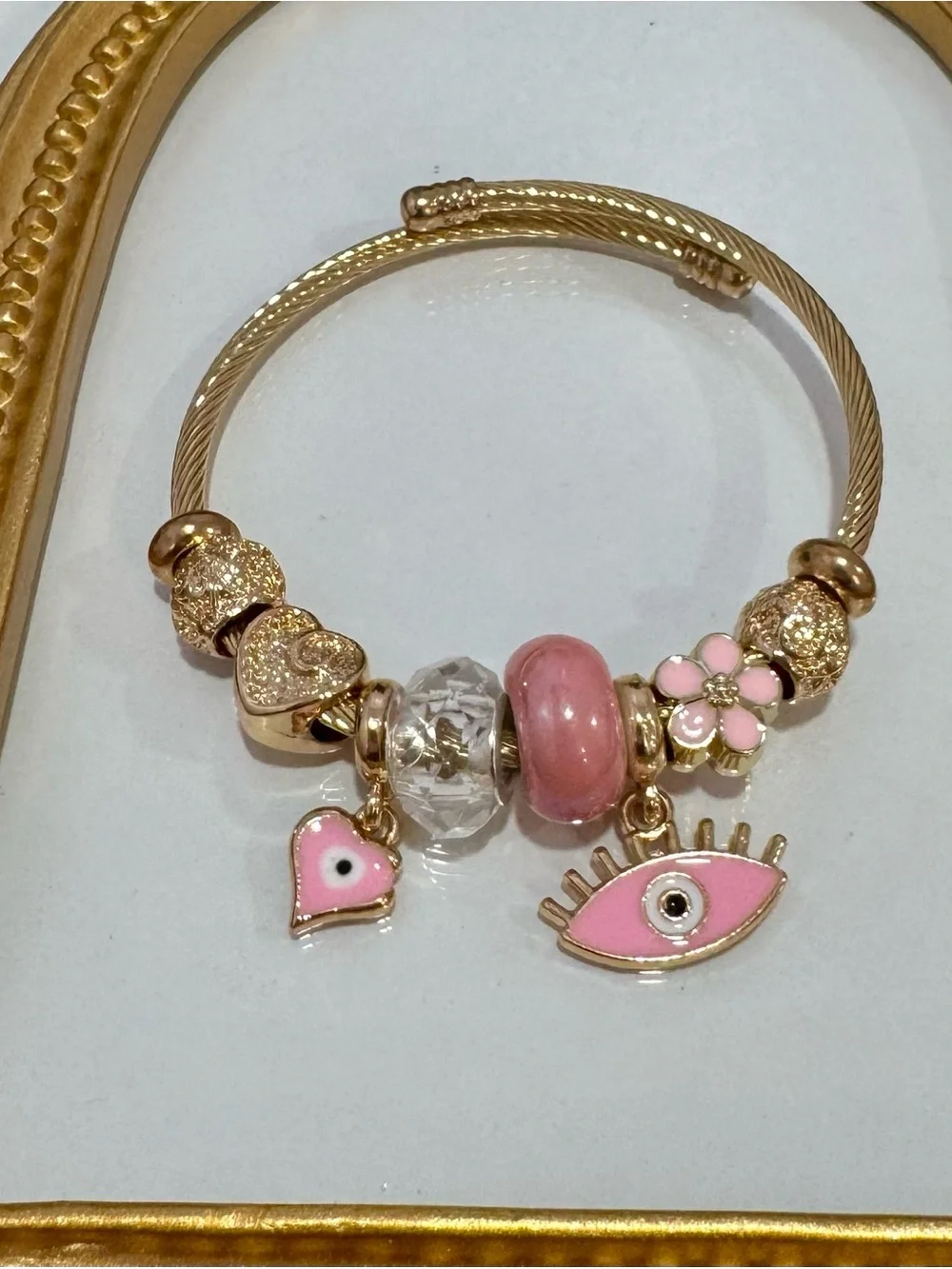 New Gold-Tone Cuff Pink Charm Bracelet with Enamel Eye & Heart Charms